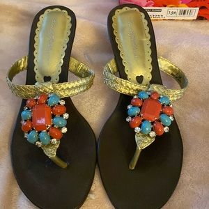 Beverly Feldman jeweled faux turquoise and coral gold sandal heel size 71/2